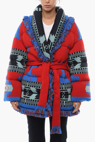 Belted Aztec Motif Down jacket