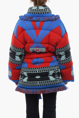 Belted Aztec Motif Down jacket