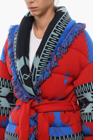 Belted Aztec Motif Down jacket