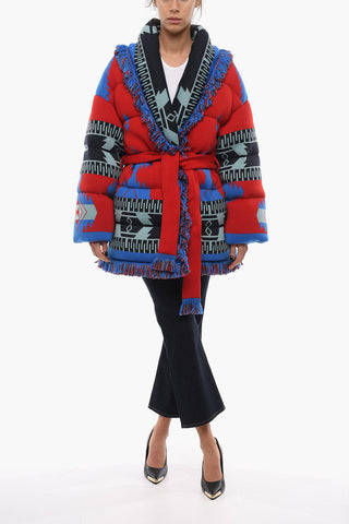 Belted Aztec Motif Down jacket
