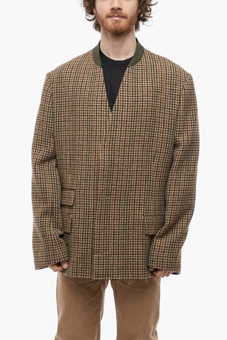 Pied De Poule Wool No-Lapel Blazer With Flap Pockets