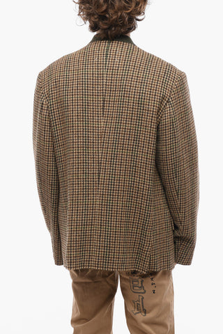 Pied De Poule Wool No-Lapel Blazer With Flap Pockets