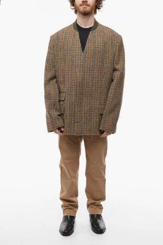 Pied De Poule Wool No-Lapel Blazer With Flap Pockets