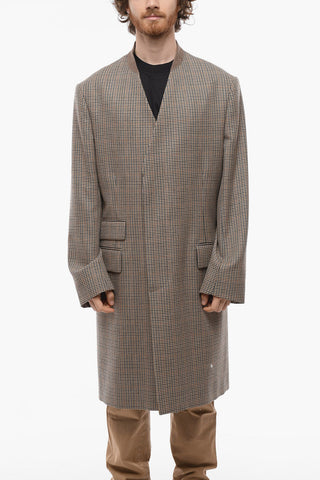 Concealed Buttoning No-lapel Pied de Poule Wool Coat
