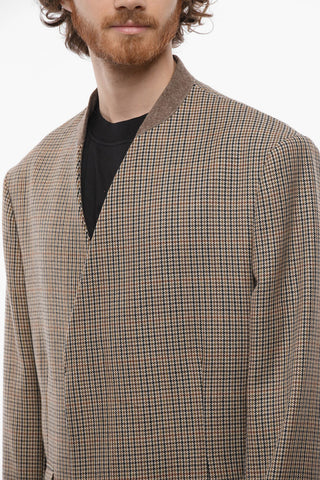 Concealed Buttoning No-lapel Pied de Poule Wool Coat
