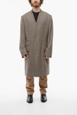 Concealed Buttoning No-lapel Pied de Poule Wool Coat
