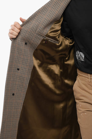 Concealed Buttoning No-lapel Pied de Poule Wool Coat