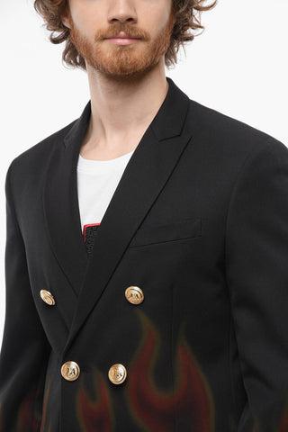 Flame Details Double-breasted Blazer with Jewerly Buttons