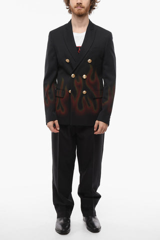 Flame Details Double-breasted Blazer with Jewerly Buttons