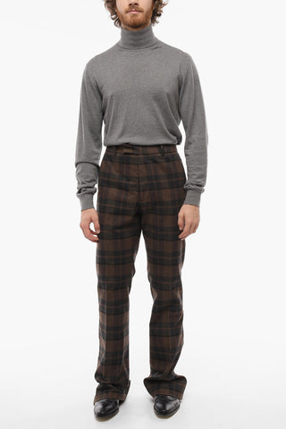 Welt Pockets Flared Pants with Checked Pattern