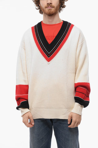 Wool Ribbed V-Neck Sweater with Contrast Trims