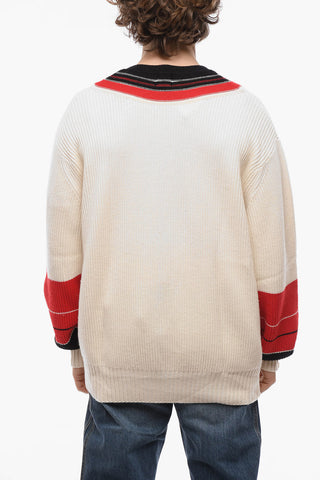 Wool Ribbed V-Neck Sweater with Contrast Trims