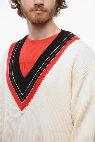 Wool Ribbed V-Neck Sweater with Contrast Trims