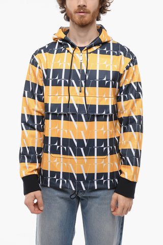 Two-Tone Half Zipped Hoodie with Monogram Motif