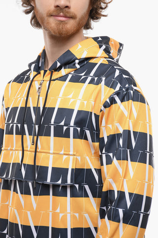 Two-Tone Half Zipped Hoodie with Monogram Motif