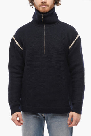 Mock Neck Reversible Sweater with Denim Patches