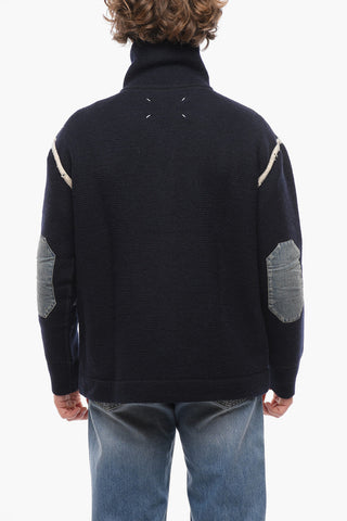 Mock Neck Reversible Sweater with Denim Patches