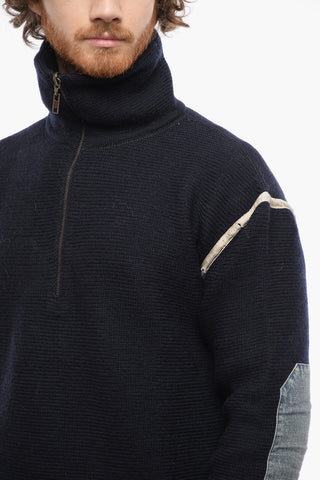 Mock Neck Reversible Sweater with Denim Patches