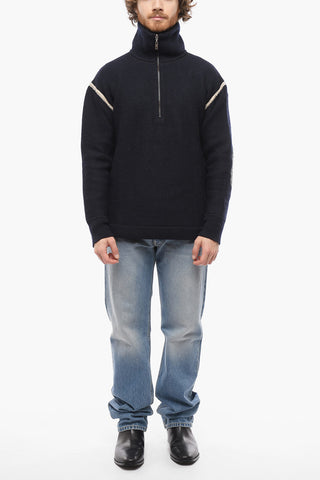 Mock Neck Reversible Sweater with Denim Patches