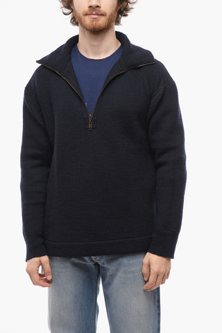 Mock Neck Reversible Sweater with Denim Patches