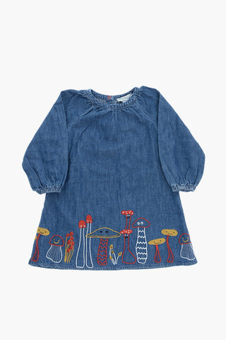 Vestito in Denim a Manica Lunga con Ricamo Funghi