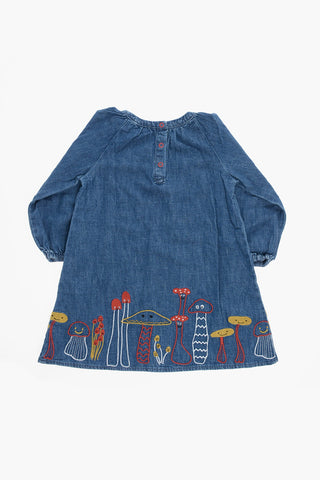 Vestito in Denim a Manica Lunga con Ricamo Funghi