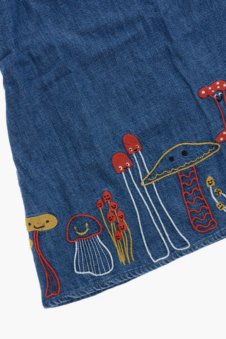 Vestito in Denim a Manica Lunga con Ricamo Funghi
