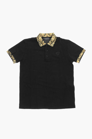 Solid Color 3-Buttons Polo Shirt with Baroque Pattern Details