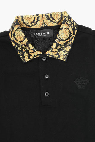 Solid Color 3-Buttons Polo Shirt with Baroque Pattern Details