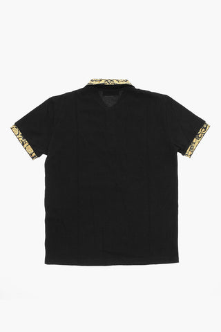 Solid Color 3-Buttons Polo Shirt with Baroque Pattern Details