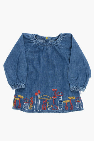 Long Sleeve Denim Dress with Mushrooms Embroidery
