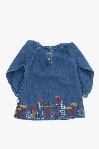 Long Sleeve Denim Dress with Mushrooms Embroidery