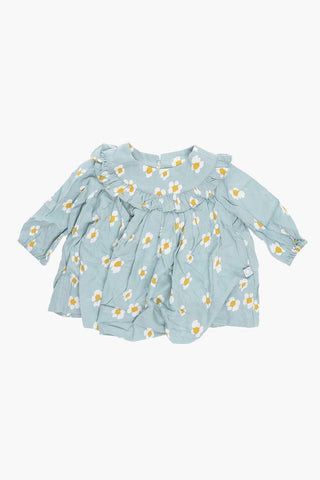 Pleated Twill Dress with Daisy Print