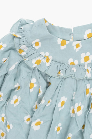 Pleated Twill Dress with Daisy Print