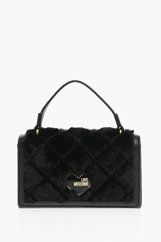 LOVE Solid Color Handbag with Faux Fur Detail and Removable Chain Shoulder Strap