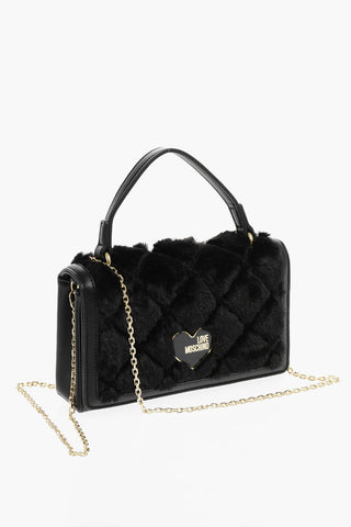 LOVE Solid Color Handbag with Faux Fur Detail and Removable Chain Shoulder Strap