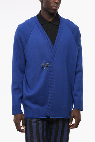 Solid Color Wool and Silk Cardigan with Silver-Tone Closure
