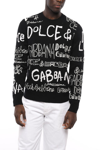 Crew Neck Wool Sweater with Embroidered Monogram Motif