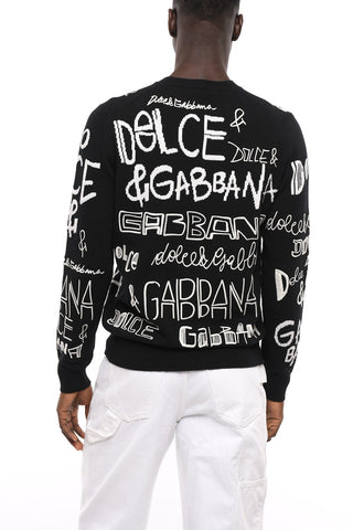 Crew Neck Wool Sweater with Embroidered Monogram Motif