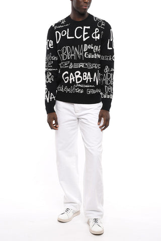 Crew Neck Wool Sweater with Embroidered Monogram Motif