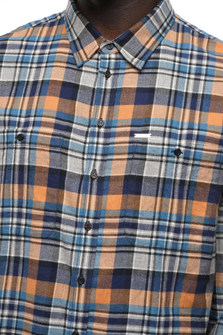 Fleeced-Cotton Plaid Check Shirt With Double Breast Pockets