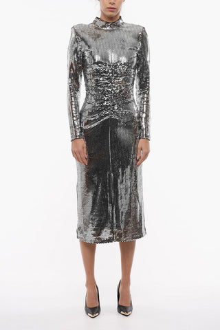 Holographic Effect EZRA Midi Dress with Decorative Gathers and Front Slit