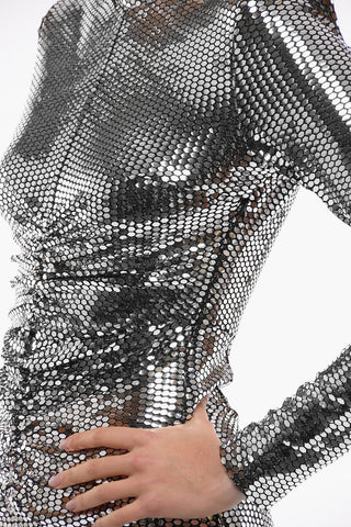 Holographic Effect EZRA Midi Dress with Decorative Gathers and Front Slit