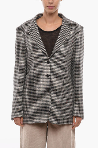 Houndstooth Wool Blend Blazer with Patch Pockets