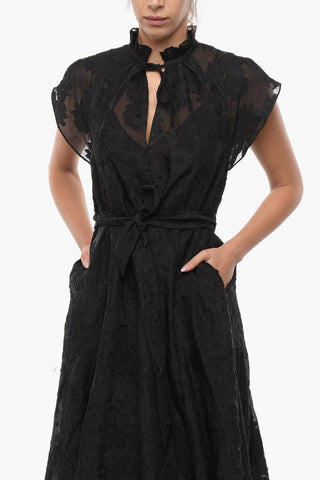 Devore Motif KAROOKH Maxi Dress with Belt at the Waist