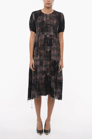 Acid Wash Effect Crew-neck Dress with Raw Cut