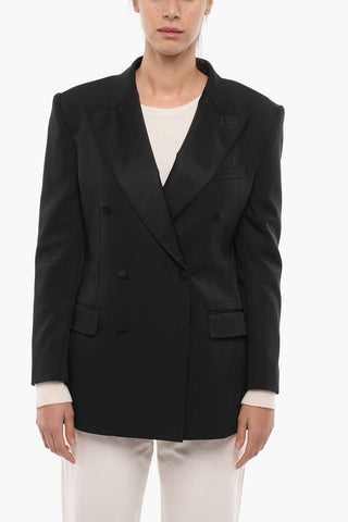 Tech-gabardine Double-breasted Blazer with Satin Peak Lapel