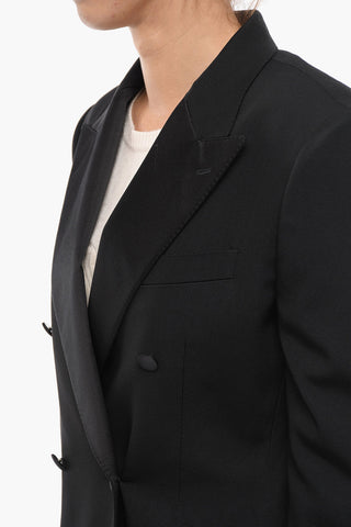 Tech-gabardine Double-breasted Blazer with Satin Peak Lapel