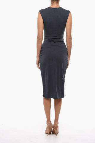 V-Neck Solid Color CHRISTY Midi Dress with Decorative Gathers