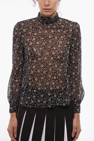 Ruched Turtleneck Silk Blouse with Floral Pattern